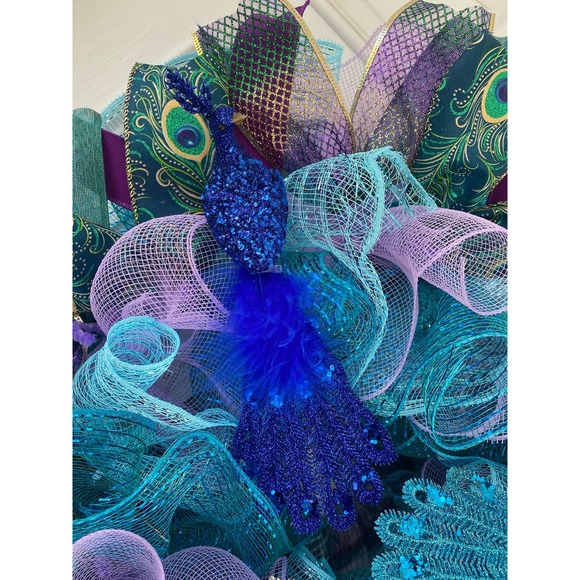 Peacock Feathers Deco Mesh Ribbon Wreath Year Round Everyday Wall Hanger Decor - Picture 4 of 9